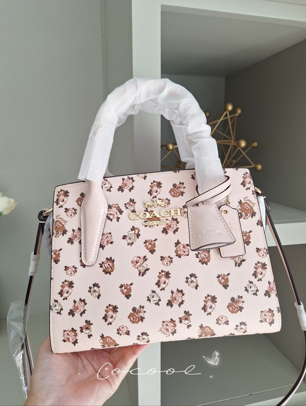 Coach Luxe Andrea Carryall Bag Crossbody Purse w Rose Print Gold Blush Multi NWT